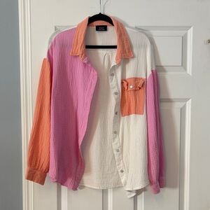 Vici Pink, Orange, and White Button Down Shirt
